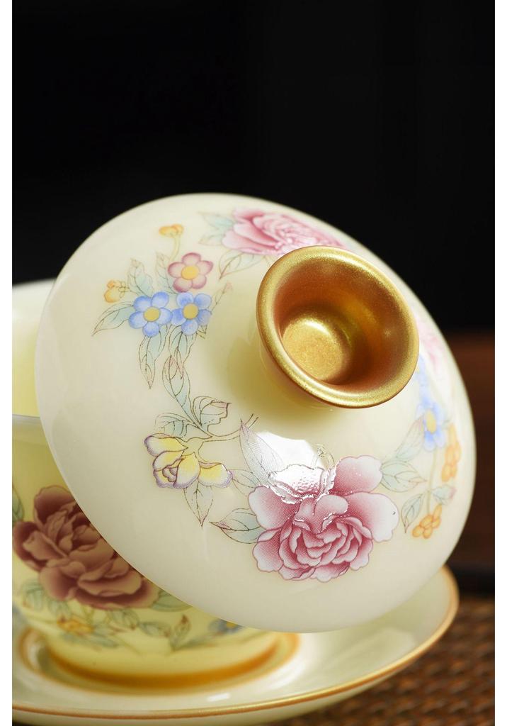 Premium Jade Porcelain Gaiwan Tea Set - Large Capacity, Three-Piece Hovering Brewer for Home Use and Souvenir Gifts