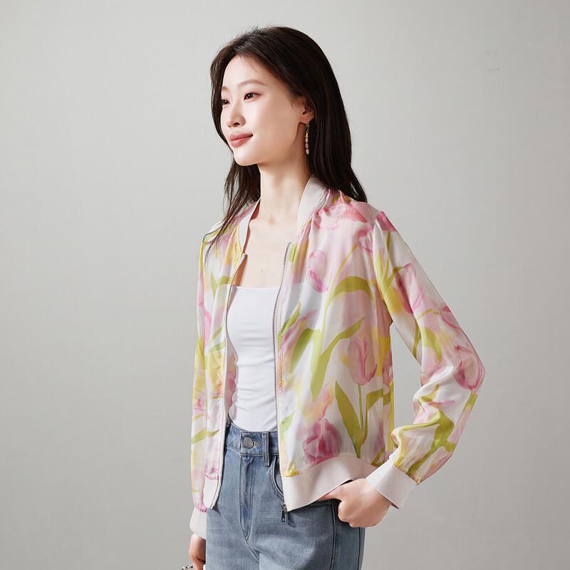 SOFSIL Women s Silk Botanical Print Baseball Jacket L