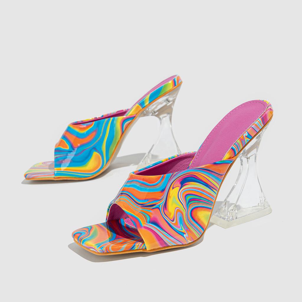 Modă de vară Papuci simpli de damă Vârf pătrat Colorat Transparent Toc înalt Papuci Pantofi de petrecere Nuntă