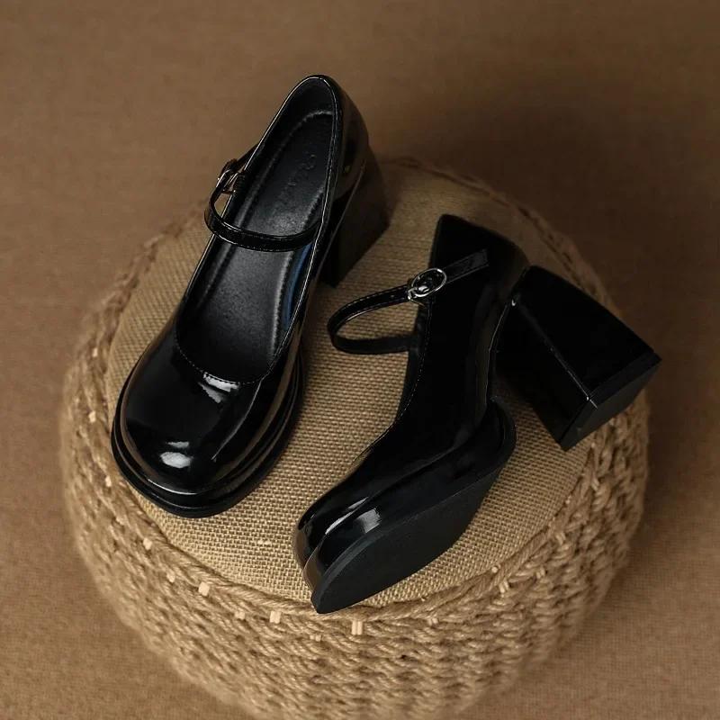 Primavara Vara Pantofi noi frantuzesti retro femei punk stralucitor gros toc inalt cap patrat Mary Jane pantofi pentru femei cu tocuri cu platforma