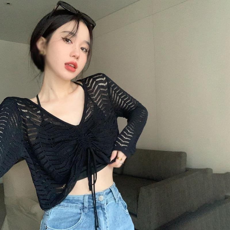 Sun Protection Shirt Top Blouse Pullovers Long Sleeve Drawstring Women's Knitted Tops