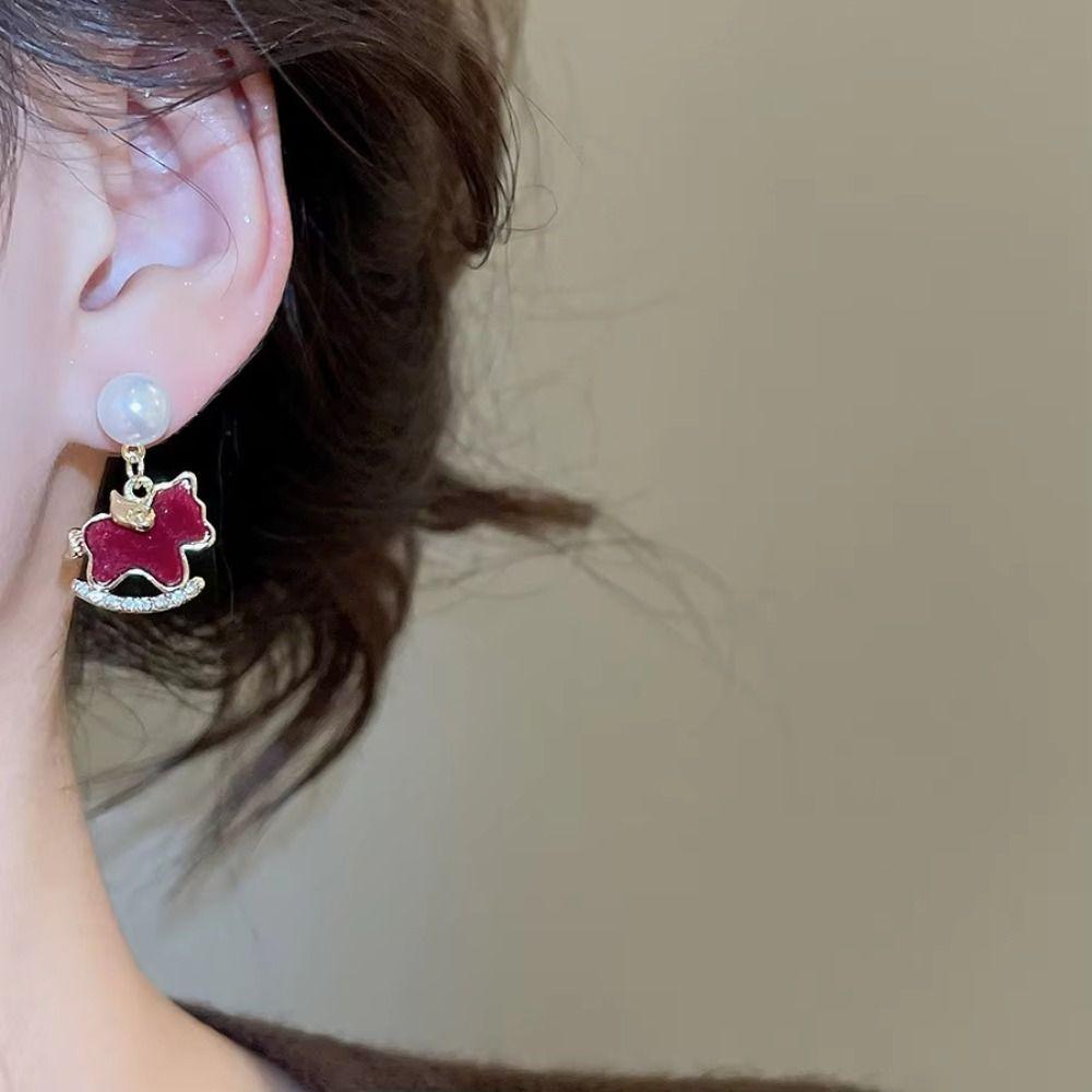 Red Zircon Horse Earrings Wing Rocking Horse Earrings Temperament Animal Earrings New Year
