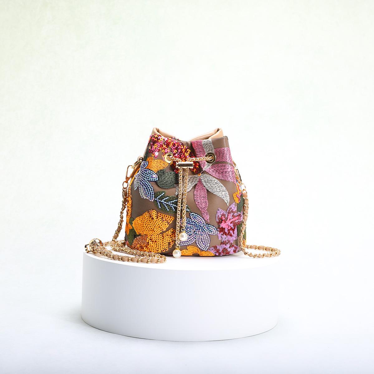 Vintage Elegant Women s Bucket Bag - Heavy Craftsmanship Tulle Embroidery Flower Sequin Chain Crossbody Bag оранжевый