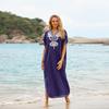 Navy Blue Rayon Embroidered Loose-Fit Beach Dress - Plus Size Cover-Up