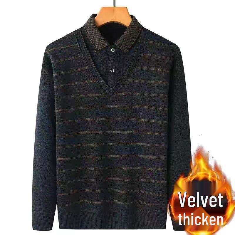 Men's Mid-Age & Senior Plus Velvet Thick Sweater - New Faux Two-Piece Winter Top