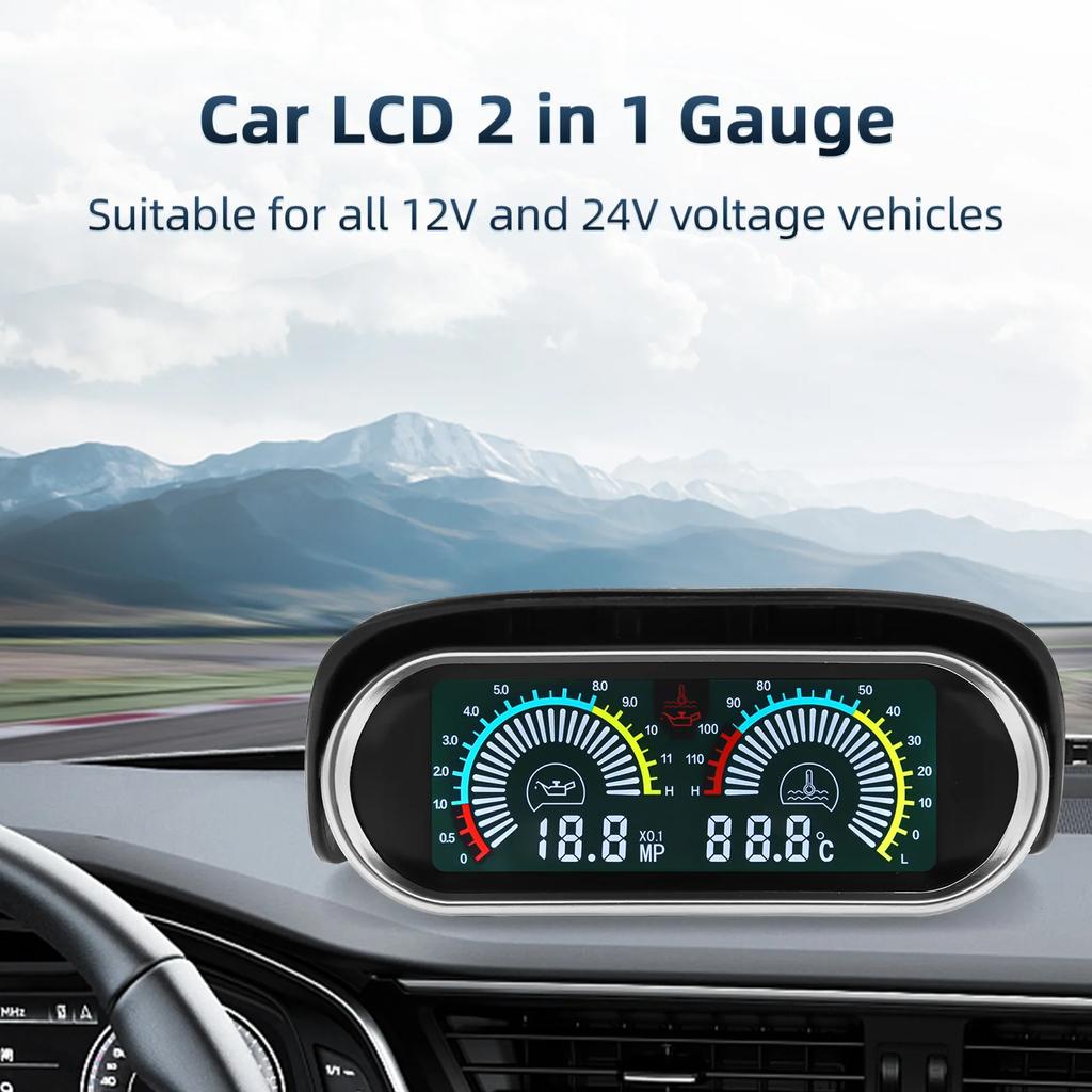2 IN 1 LCD Gauge+Alarm Oil Pressure Gauge+Water Temperature Meter with Sensor 1/8NPT for Petrol Diesel Auto Car 12V24V