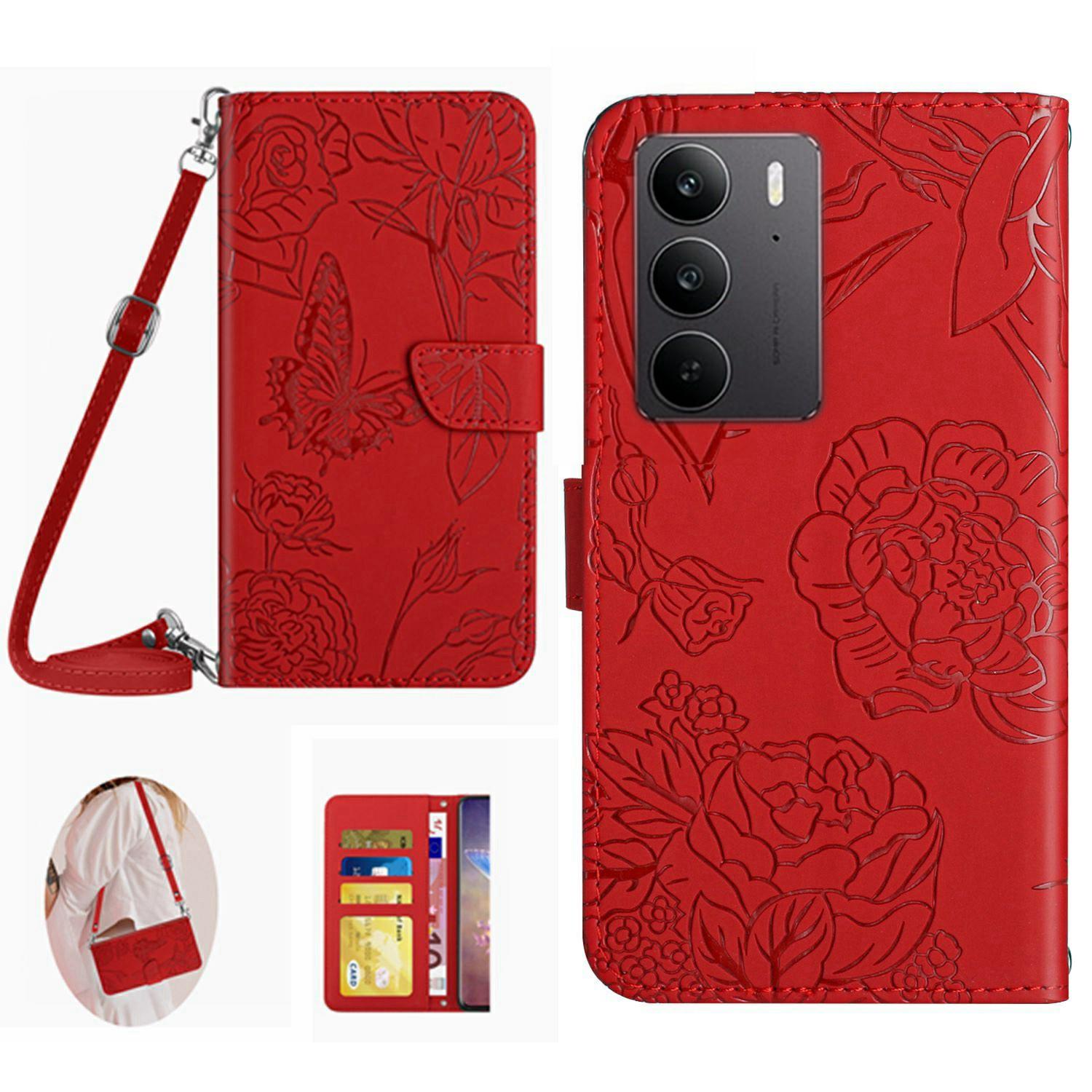 

Для Realme C75 4G Чехол Кожаный чехол для телефона с тиснением бабочки и цветка и плечевым ремнем Red