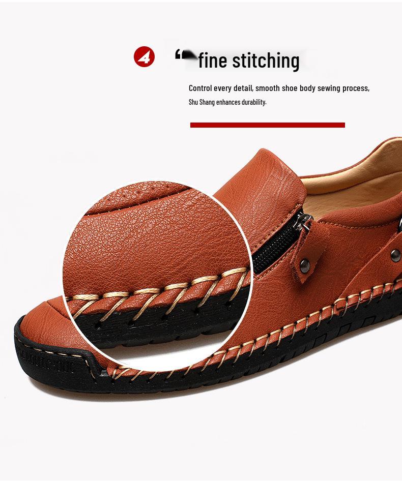 Men's Autumn Casual Leather Slip-On Shoes, Large Size, Soft Sole, Non-Slip, Hand-Stitched, Side Zipper