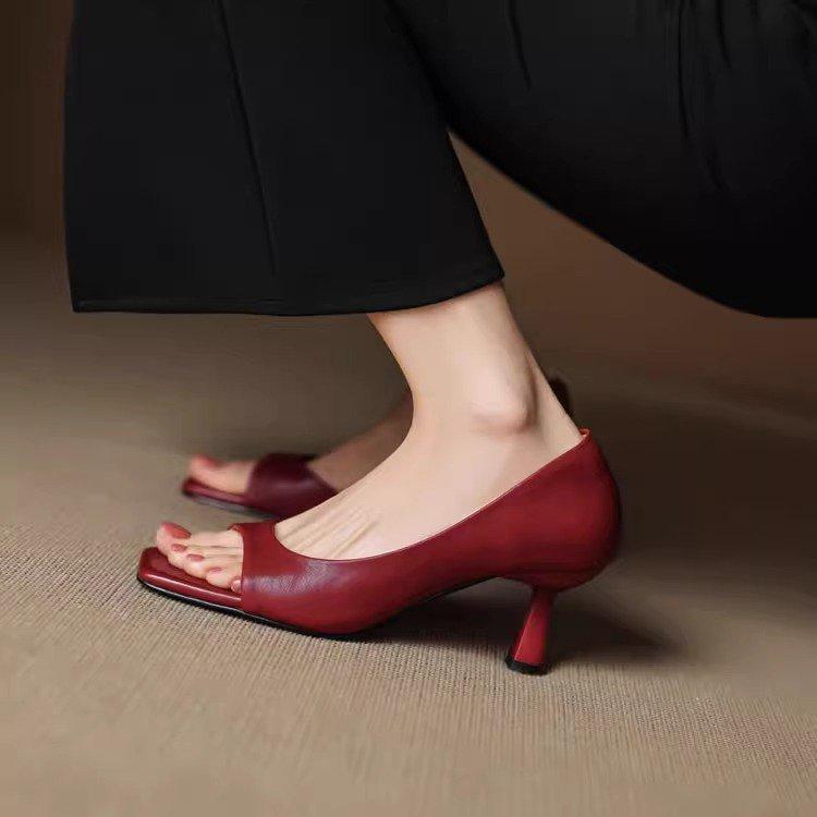 Women's Elegant Open Toes Square Head Slim Heel Sandals  Summer New Style Fashion Comfortable Breathable Slip On Cool Pumps