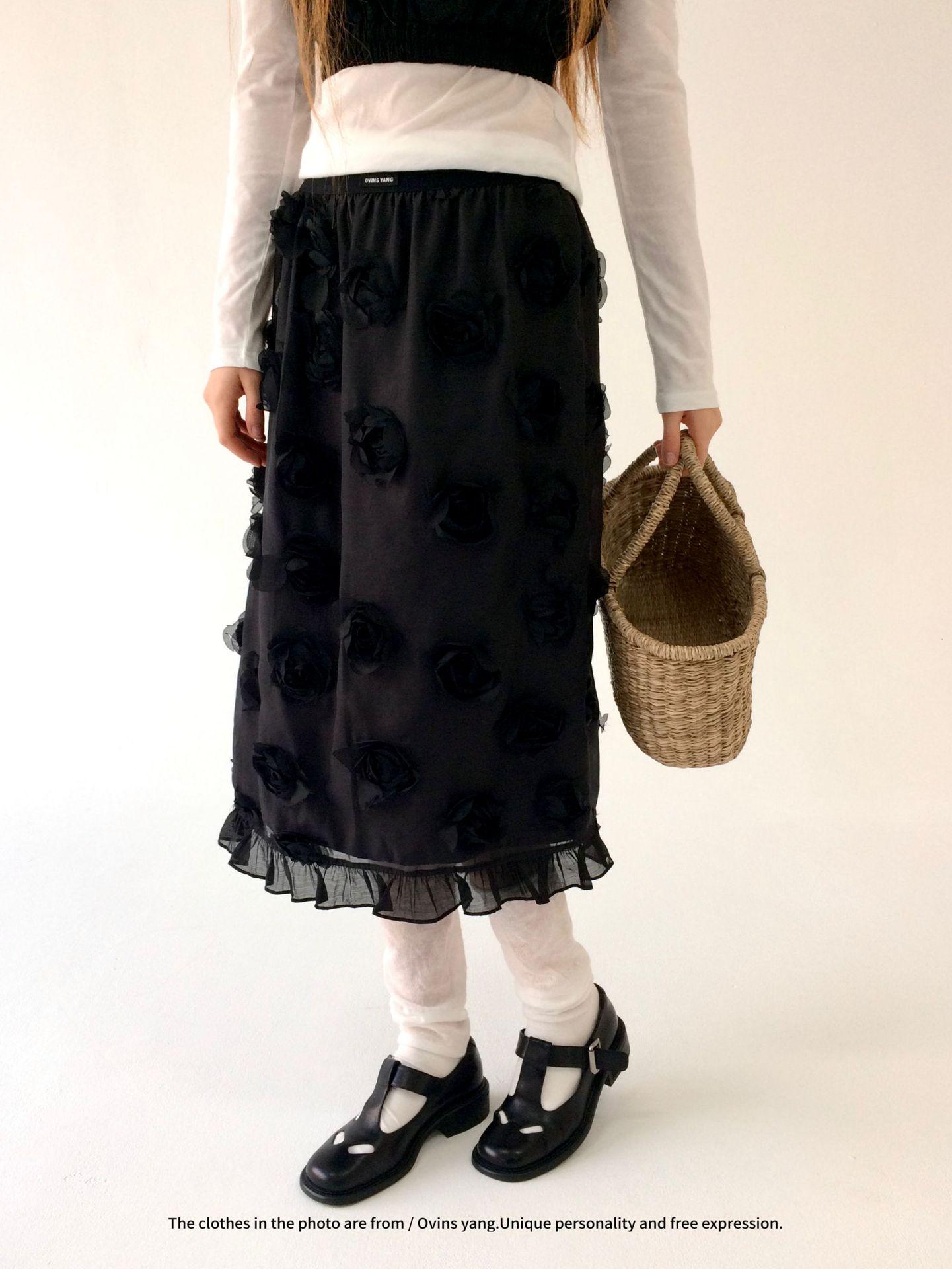 Ovinsyang Floral Midi Skirt: Elegant A-Line Design for Women, Perfect for Spring and Autumn. One Size чёрный