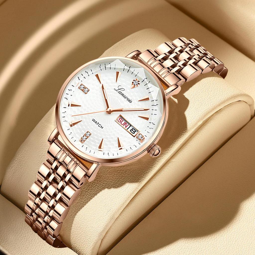 Swiss English-Chinese Women's Watch: Fashionable Butterfly Buckle, Luminous, Waterproof, Stainless Steel Band, Calendar Feature.