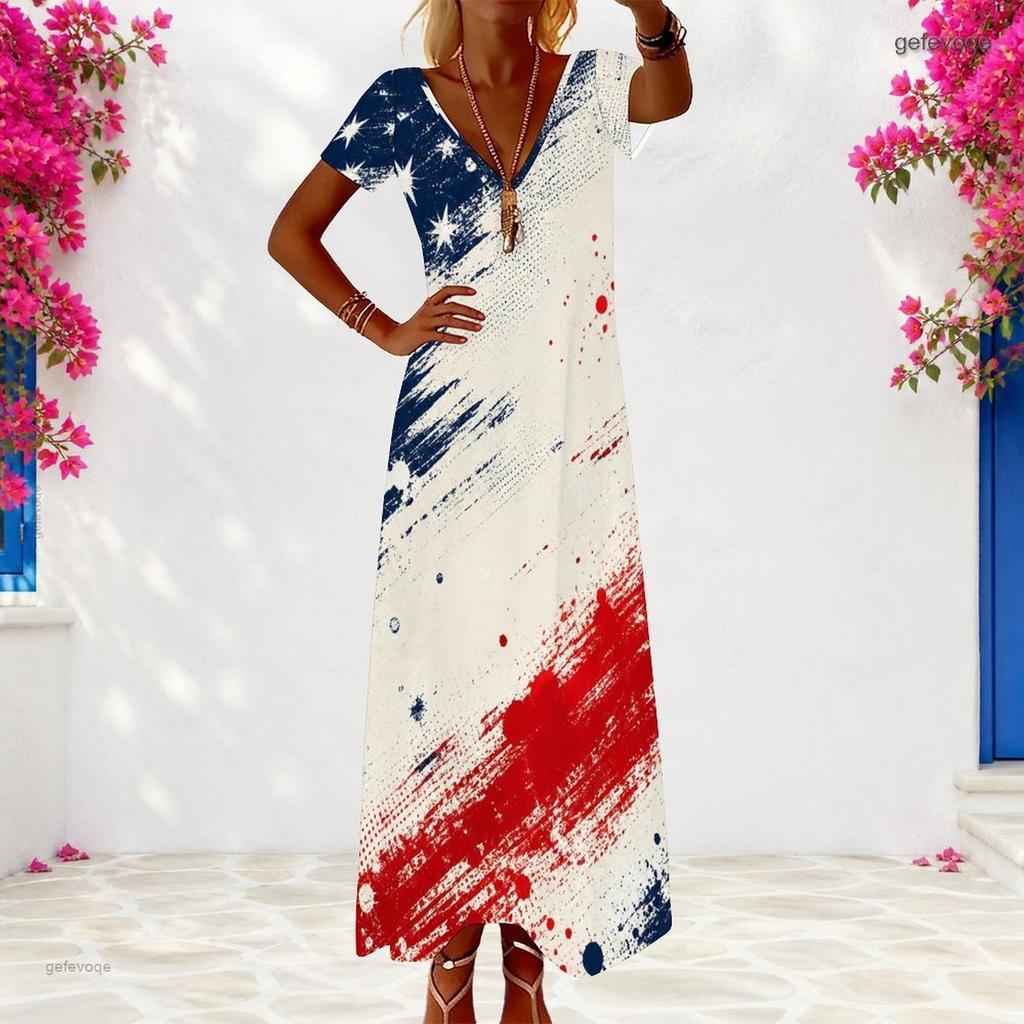 Women Plus Size V Neck Short Sleeve Firework Printed Navy Blue Long Dress