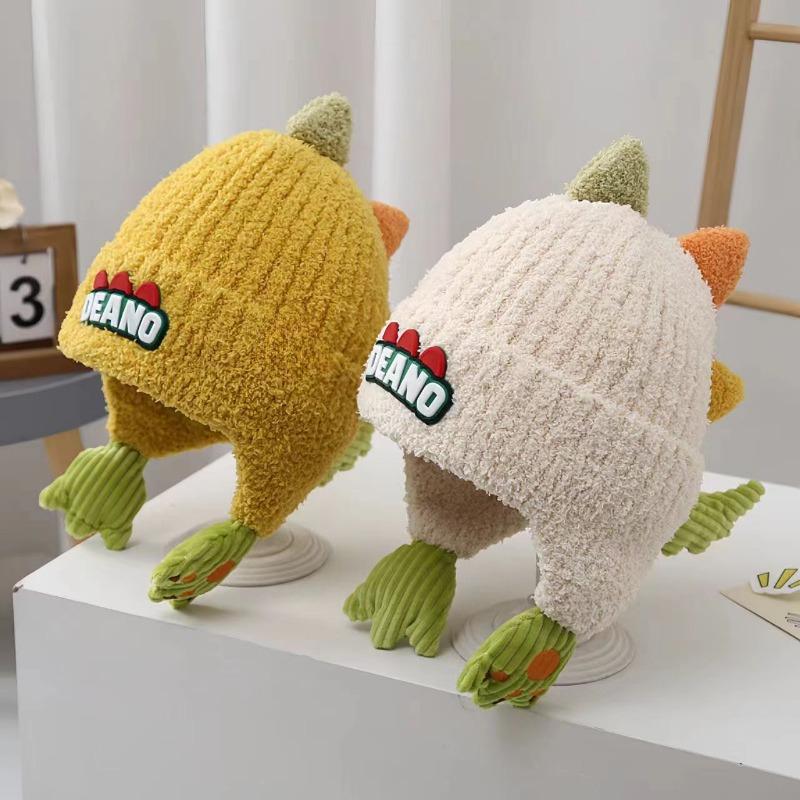Winter children's hat cute cartoon dinosaur plush hat thickened windproof warm hat baby ear hat pullover hat