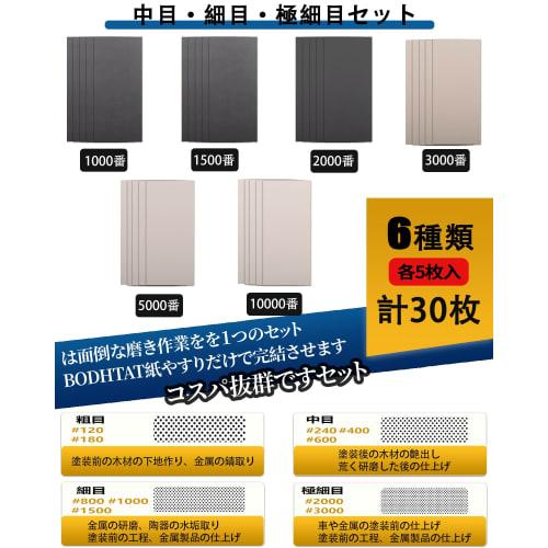 BODHTAT Waterproof Sandpaper Set, 30 Sheets, 6 Types, #1000-10000 Grit, 230 x 93mm (5 Sheets Each of 1000, 1500, 2000, 3000, 5000, and 10000 Grit). Pe