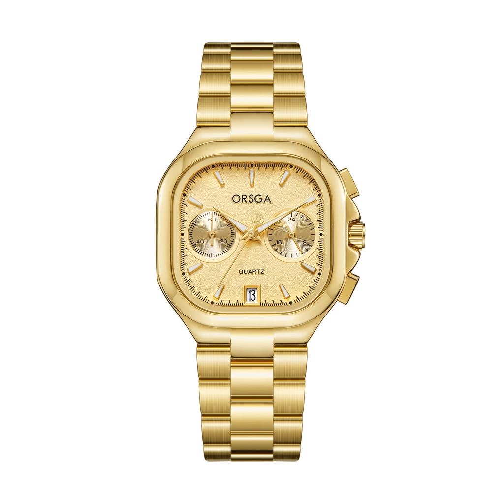 Women's S Elegant Dress Watch with Golden Stainless Steel Band Square Green Dial Waterproof Quartz Wristwatch with Luminous Hand