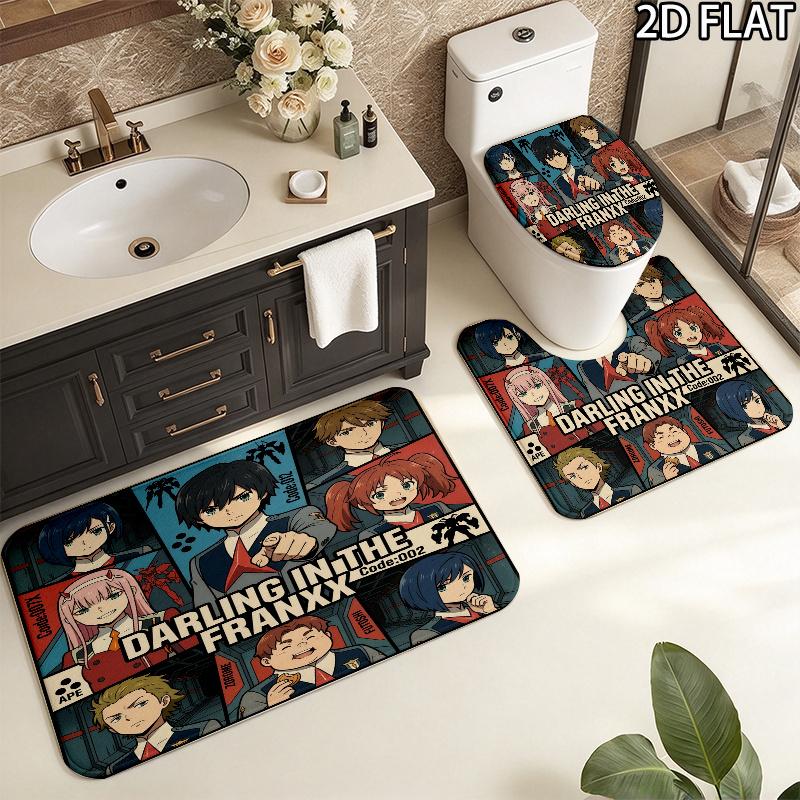 Franxx Collage 3Pcs Flannel Toilet Mat Set Bathroom Rug Bath Carpet Non Slip Home Decor Toilet 3 Pcs Bathroom Textile Set