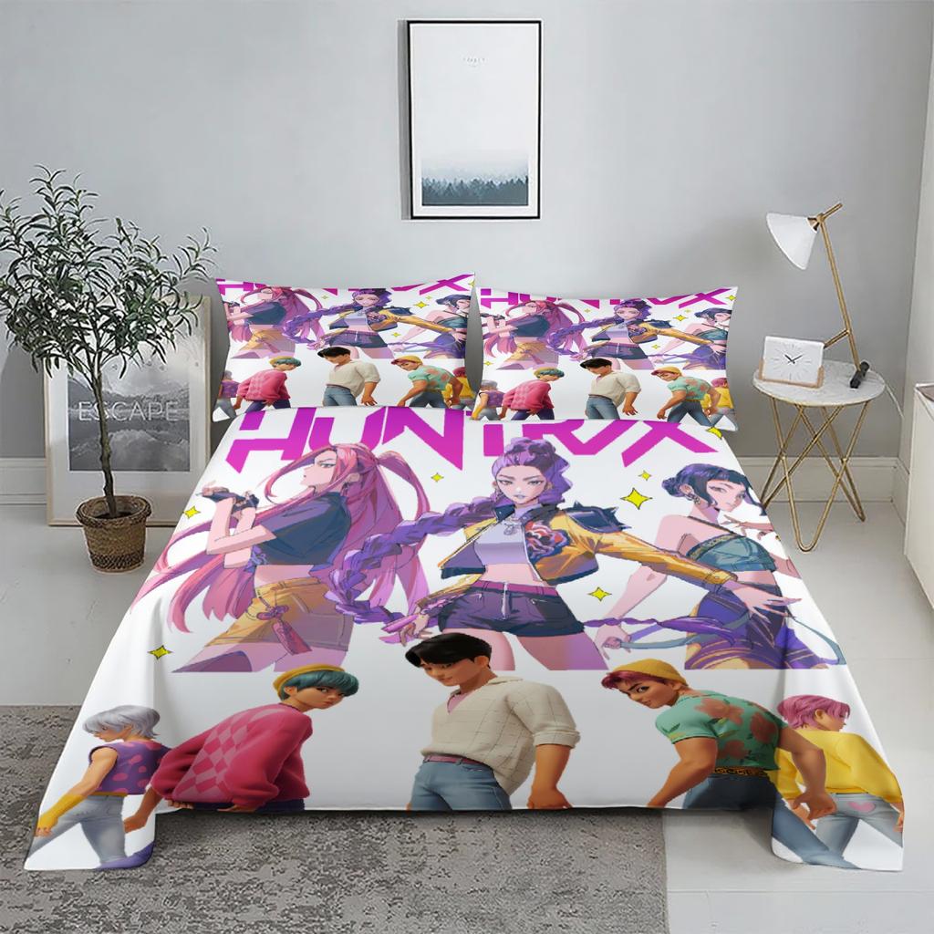 Golden Demon Hunters K-pop Bed Sheet Set 3D Printed Bed Flat Sheet With Pillowcase Bed Linen King Queen Size