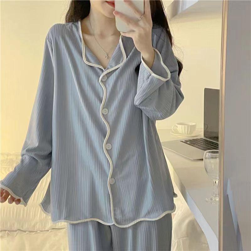 Pigiama Set Loungewear Maniche Lunghe Pantaloni Primavera Autunno da Donna Semplice Bordo Arricciato Largo Studentesca Tuta Larga