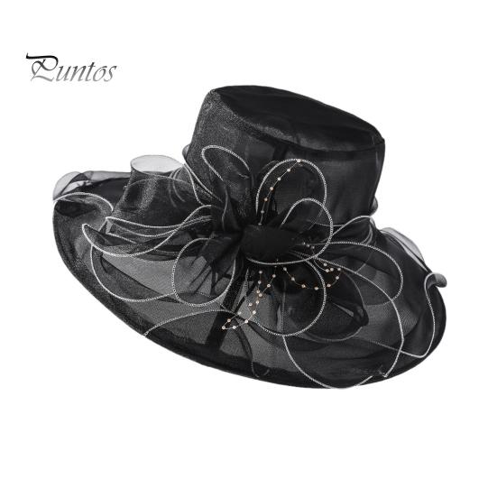 Chapeau de soleil à large bord en organza avec fleurs et plumes, protection UV, matériau translucide, pour femme