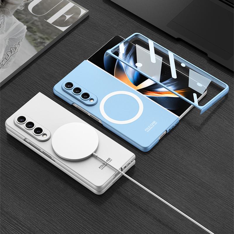Für Samsung Galaxy Z Fold 4 3 Magsafe Wireless Charging Magnetisches Gehäuse mit gehärtetem Glas, ultradünn, matt, Fold 5, stoßfeste Abdeckung
