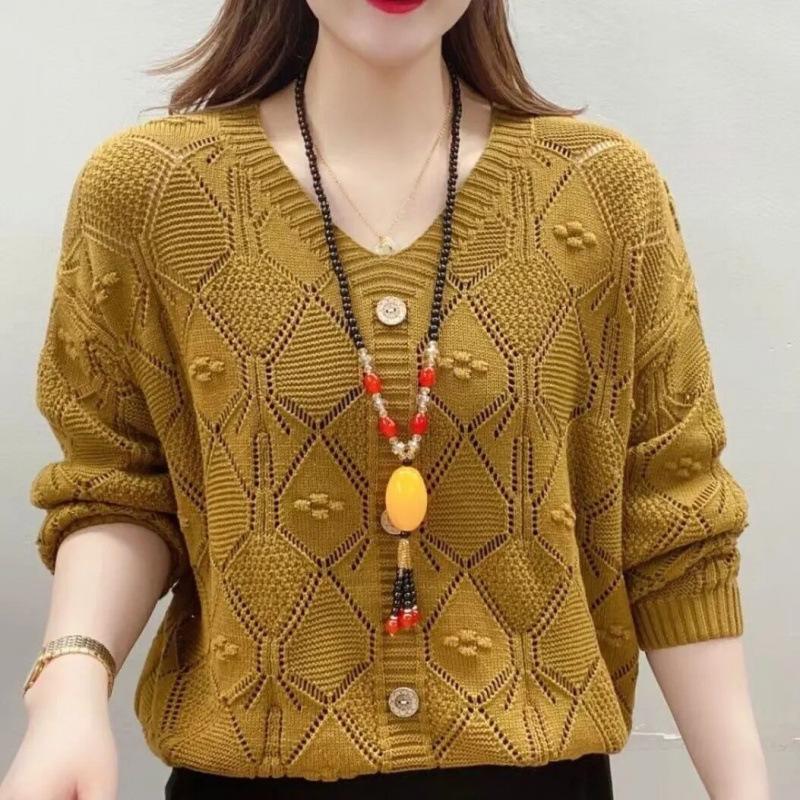 Plus Size Women V Neck Long Sleeve Knit Sweater Mom Spring Autumn Pullover Loose Fit Stomach Covering Outerwear Top