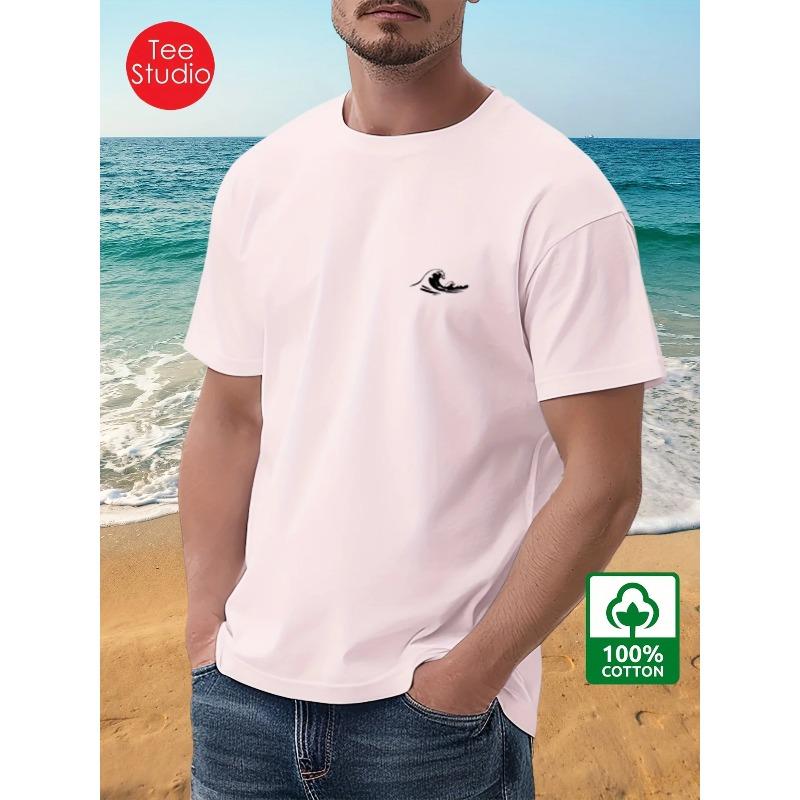 

Men s 100% Pure Cotton Fashionable Casual Loose Wave Pattern Printed Round Neck Short Sleeved T-shirt Top S