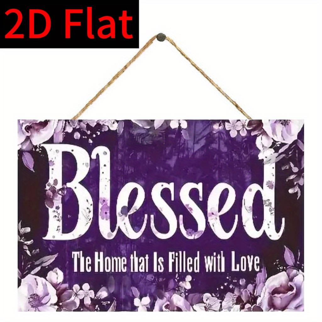 Blessed Wooden Wall Plaque - 2D Flat Wooden Sign 30*20cm with Floral Design, Purple & White, Includes Flax Rope for Easy Hanging, House Decor