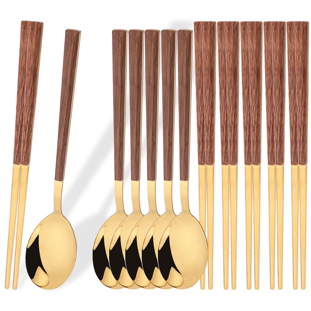 8/12Pcs Brown Silver Flatware Cutlery Set Chopsticks Spoon Set Imitation Wooden Handle Korean Dinnerware Luxury Tableware Set