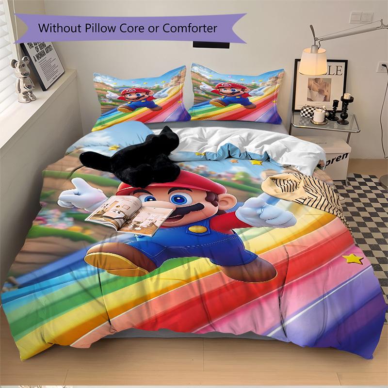 3pcs bedding set Mario Rainbow Includes 1 Comforter + 2 Pillowcases, Without Pillow Inserts, Soft Comfortable,a0909197
