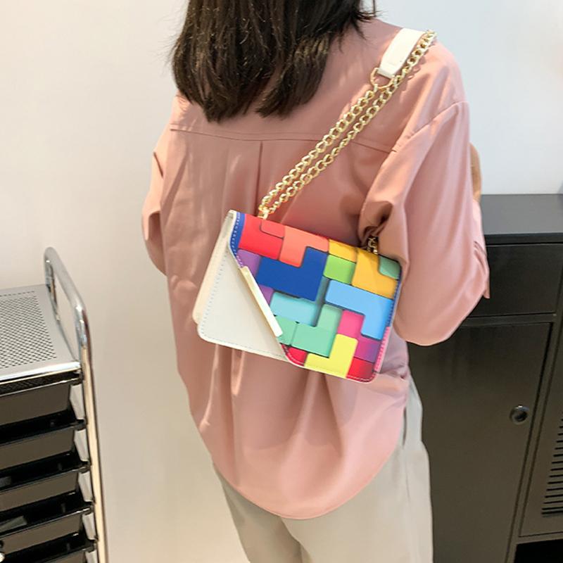 Women PU Leather Small Square Flap Sling Shoulder Bag Summer Contrast Color All-match Chain Crossbody Bag KTY