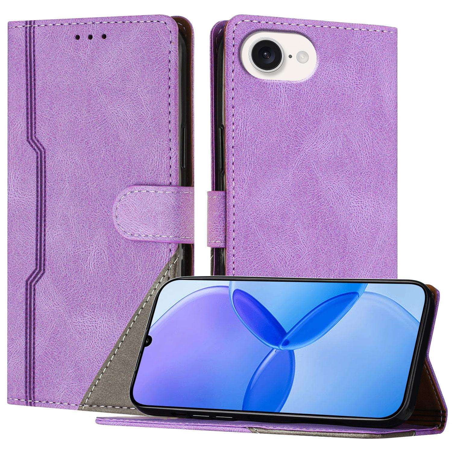 

Для iPhone 16e Кожаный чехол Треугольная лоскутная работа Кошелек Подставка Противоударный чехол для телефона Purple