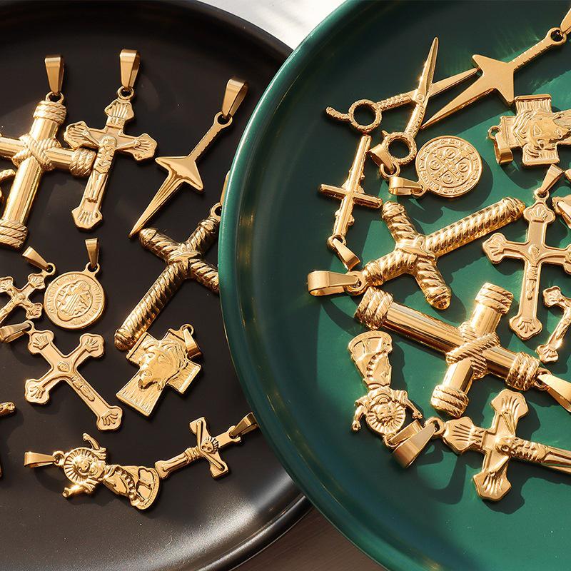 European & American Style Vintage Cross Necklace with Small Scissors Pendant - 18K Gold Plated Titanium Steel