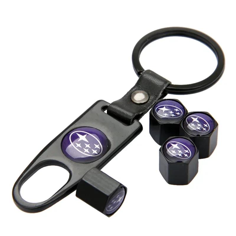 Car Tire Rim Valve Caps with Keychain Wheel Accessories for Subaru Forester XV Tribeca Outback Impreza Legacy STI WRX BRZ