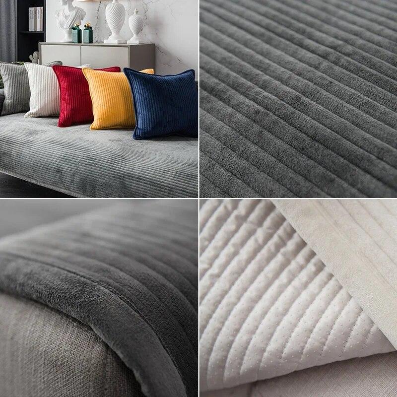 Housse de Canapé en Velours Cristal à Rayures pour Salon Coussin de Canapé Couleur Unie Housse de Canapé en L Antidérapante Accoudoir Dossier