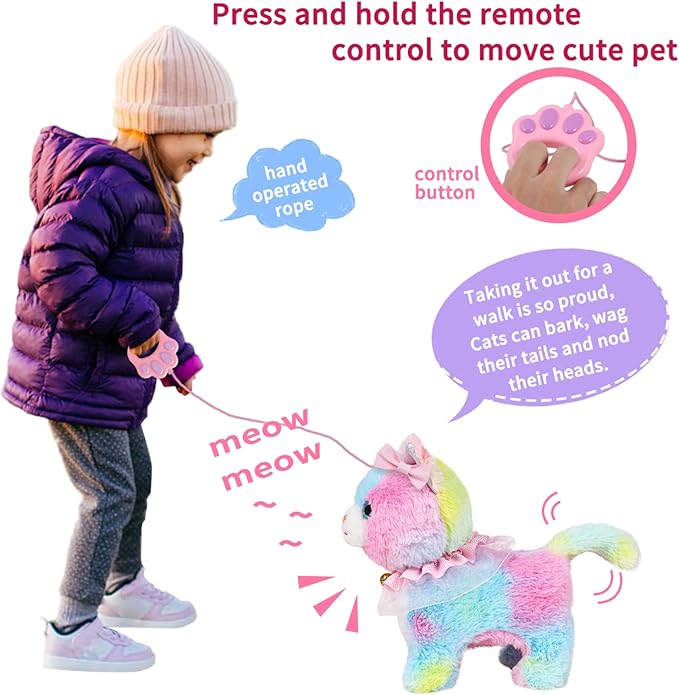 Interactive Lifelike Walking Toy Cat for Kids, Touch&Voice Controlled Remote with Leash, Wags Tail, birthday Christmas Gift