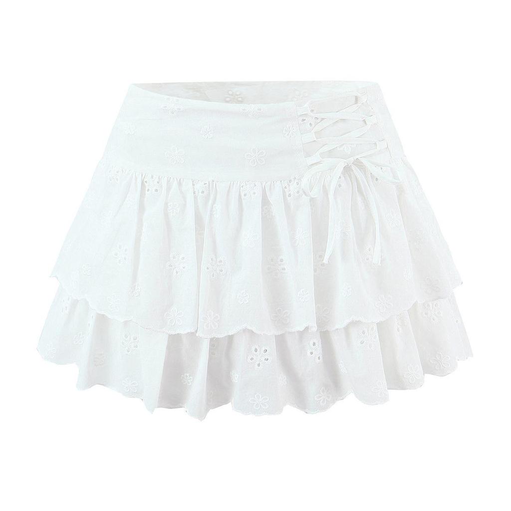 2026 French Style Women's Suit: Embroidered Bandeau Top + Low-Waist Lace-Up Skirt
