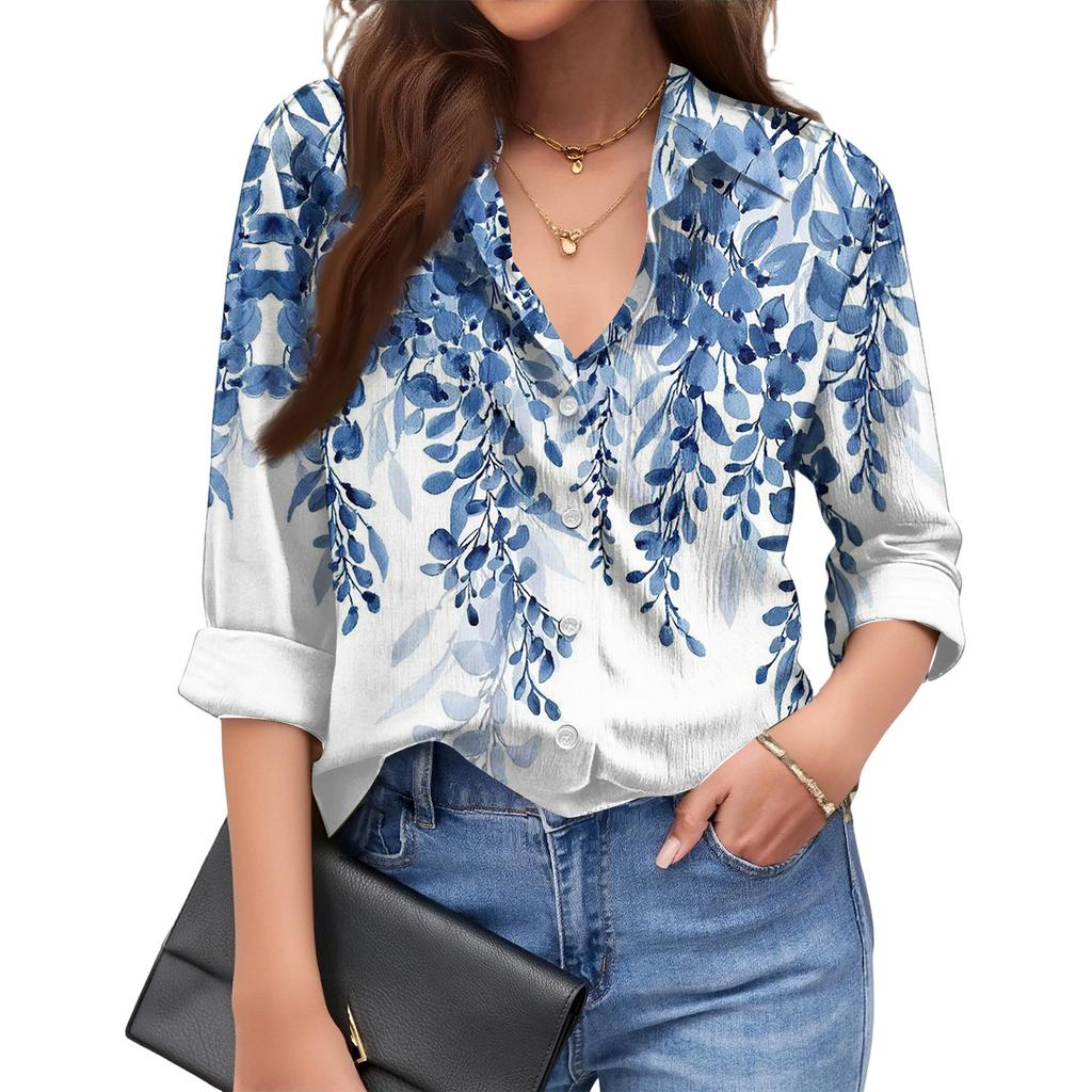 Women's Fashionable Casual Loose Floral Print Long,sleeved Shirt