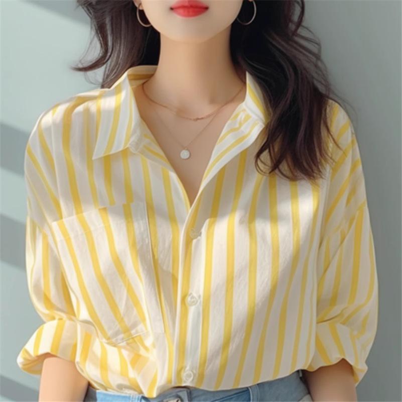 Yellow and white vertical striped shirt women's 1116 early spring new shirt European foreign style shirt popular seaside sunscreen shirt