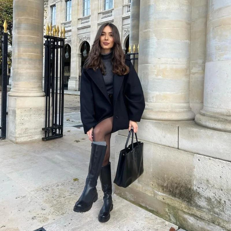 Women Tweed Coat Solid Color Suit Collar Long Sleeve Double Breasted Autumn and Winter Imitation Wool Mid-length Jacket