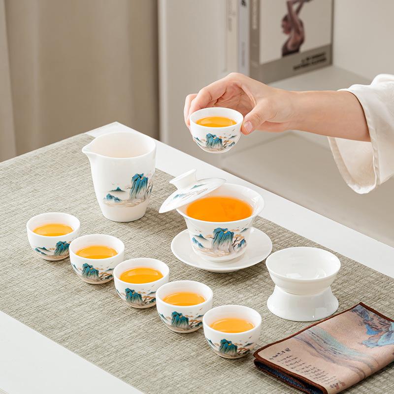 Suet Jade White Porcelain Kung Fu Tea Set Splendid Mountains and Rivers Cover Bowl Teacup Travel Tea Set Household Commemorative Souvenir