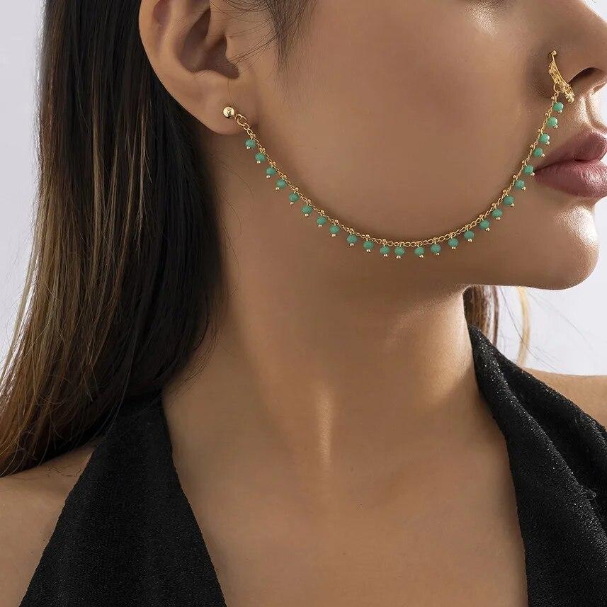 Mode Imitation Perle Nasenclip Ring Mit Ohrring für Frauen Ohne Nasenpiercing Körperkette Schmuck Party Tänzer Zubehör