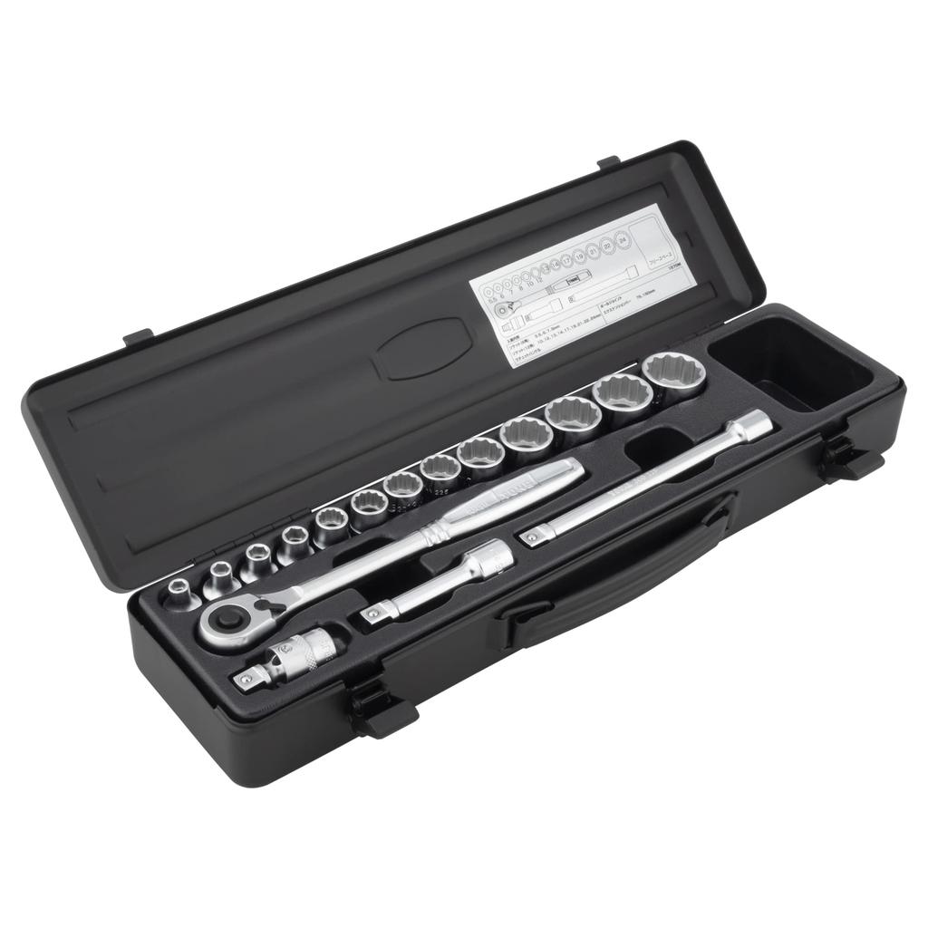 TONE 1570MBK Socket Wrench Set, 9.5mm (3/8") Drive, Black, Includes 17 Pieces