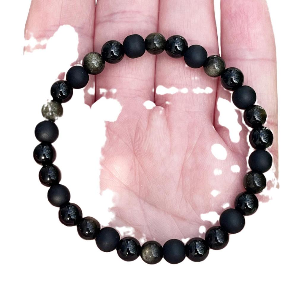 Natural Golden Sheen Obsidian & Black Agate Bracelet
