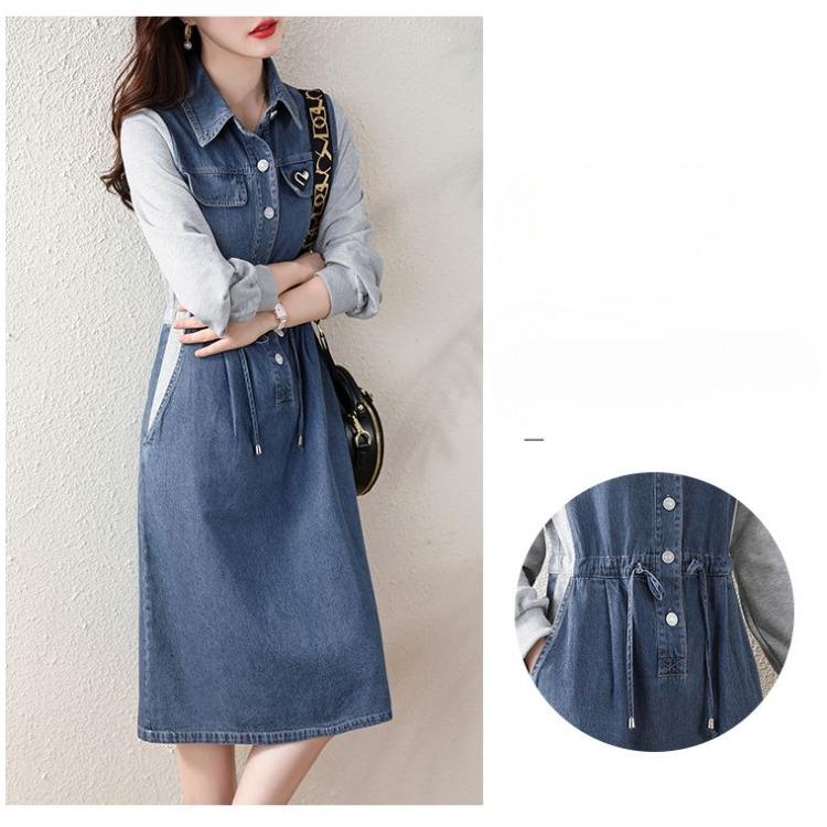 Youthful Denim Dress for Women Spring Flattering Loose Fit Cover Belly Slimming Elegant Long Dress