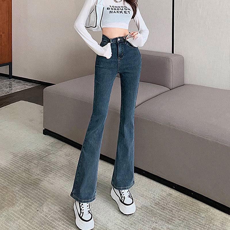 

Узкие джинсы-подковы в корейском стиле с высокой талией - женские эластичные прямые расклешенные брюки, маленький размер, слегка расклешенные, стиль «мопинг» XS сине серый