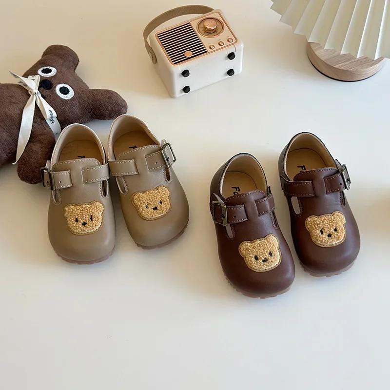 2024 Children Leather Casual Shoes for Girls Autumn New Fashion Korean Style Soft Bottom Cute Bear Anti-slippery Simple Flats