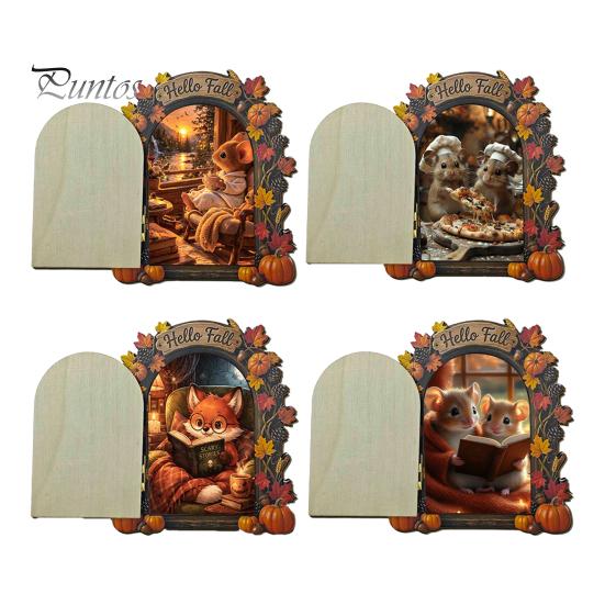 Decorative Baseboard Elf Door Wooden Halloween Decor, 2D Fairy Mouse Miniature Wall Autumn Theme Tale Ornaments Hanging, Rustic Shelf Ornament