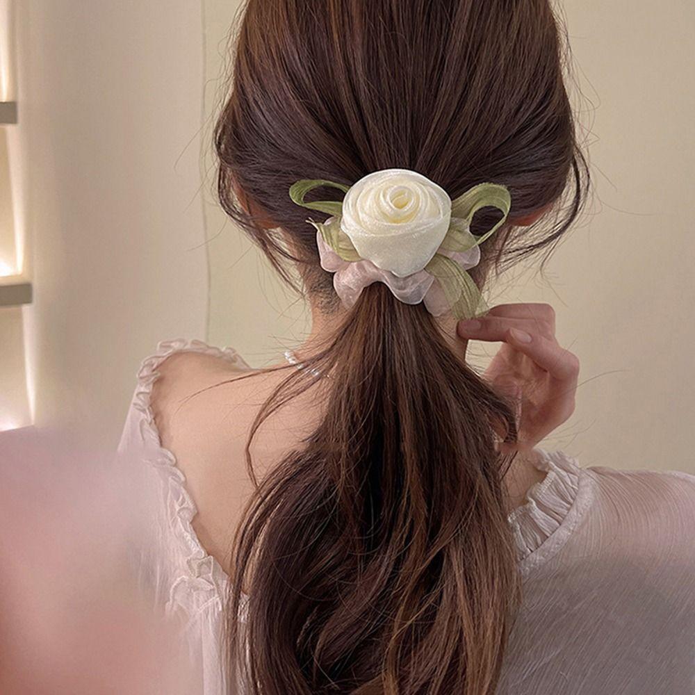 Girls For Women Rose Flower Hair Scrunchies Ponytail Holder Korean Style Hair Rope Women Hair Ring