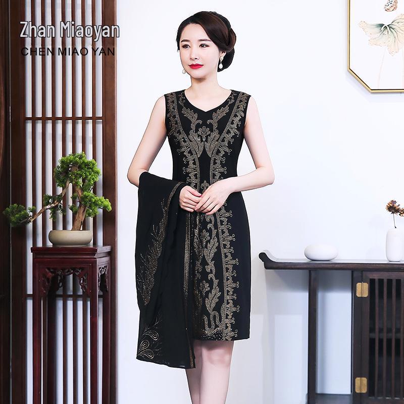 Chiffon Two-Piece Dress for Middle-Aged and Elderly Women - Stylish Mother's Spring/Summer Outfit