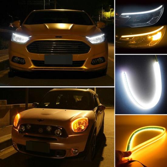 2X 60Cm Flexible Led Amber Turn Signal White Car Drl Daytime Running Strip Light